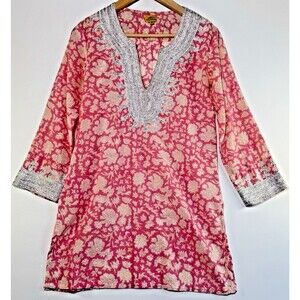 Roberta Roller Rabbit Tunic Top Women XS Pink Floral Metallic Embroidered Cotton